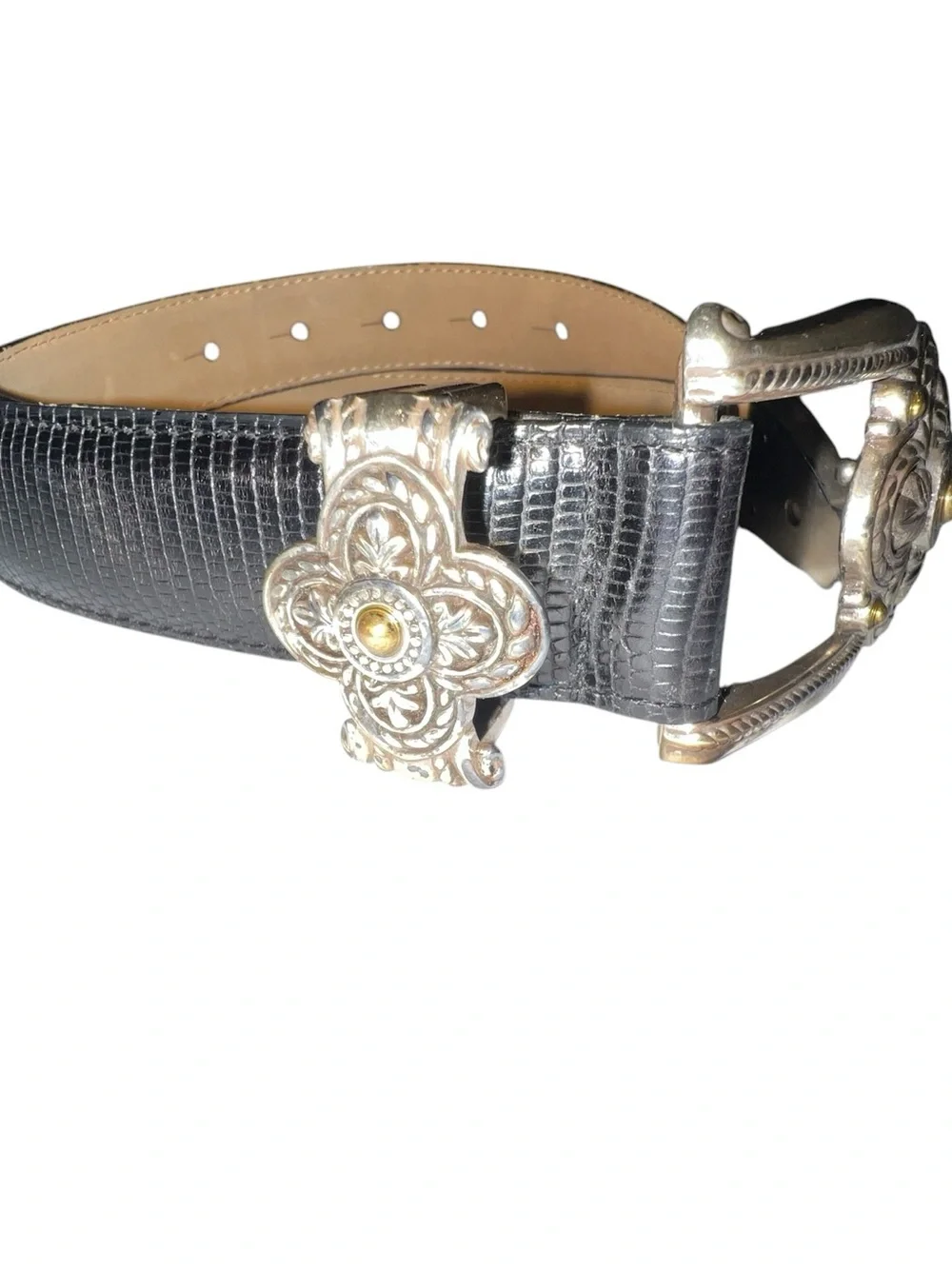 Brighton black snake skin style belt with intricate silver buckle.